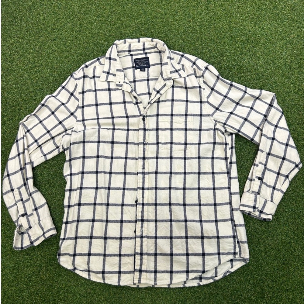 American Eagle Mens Large Cream Navy Blue Windowpane Plaid Flannel Button Down